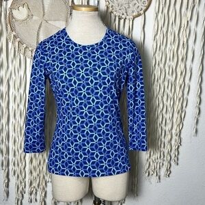 J. McLaughlin Catalina Cloth Bright Blue and Aqua Quarter Sleeve Top Size Small